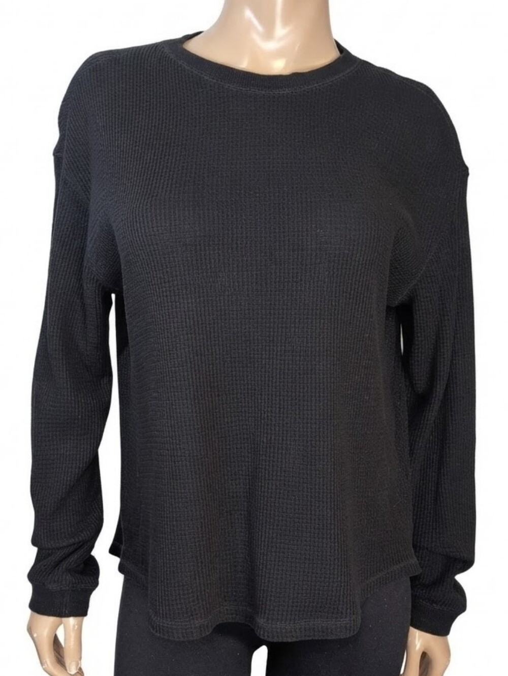 Roots Black Thermal Waffle Knit Long Sleeve Top Womens Size Medium Relaxed